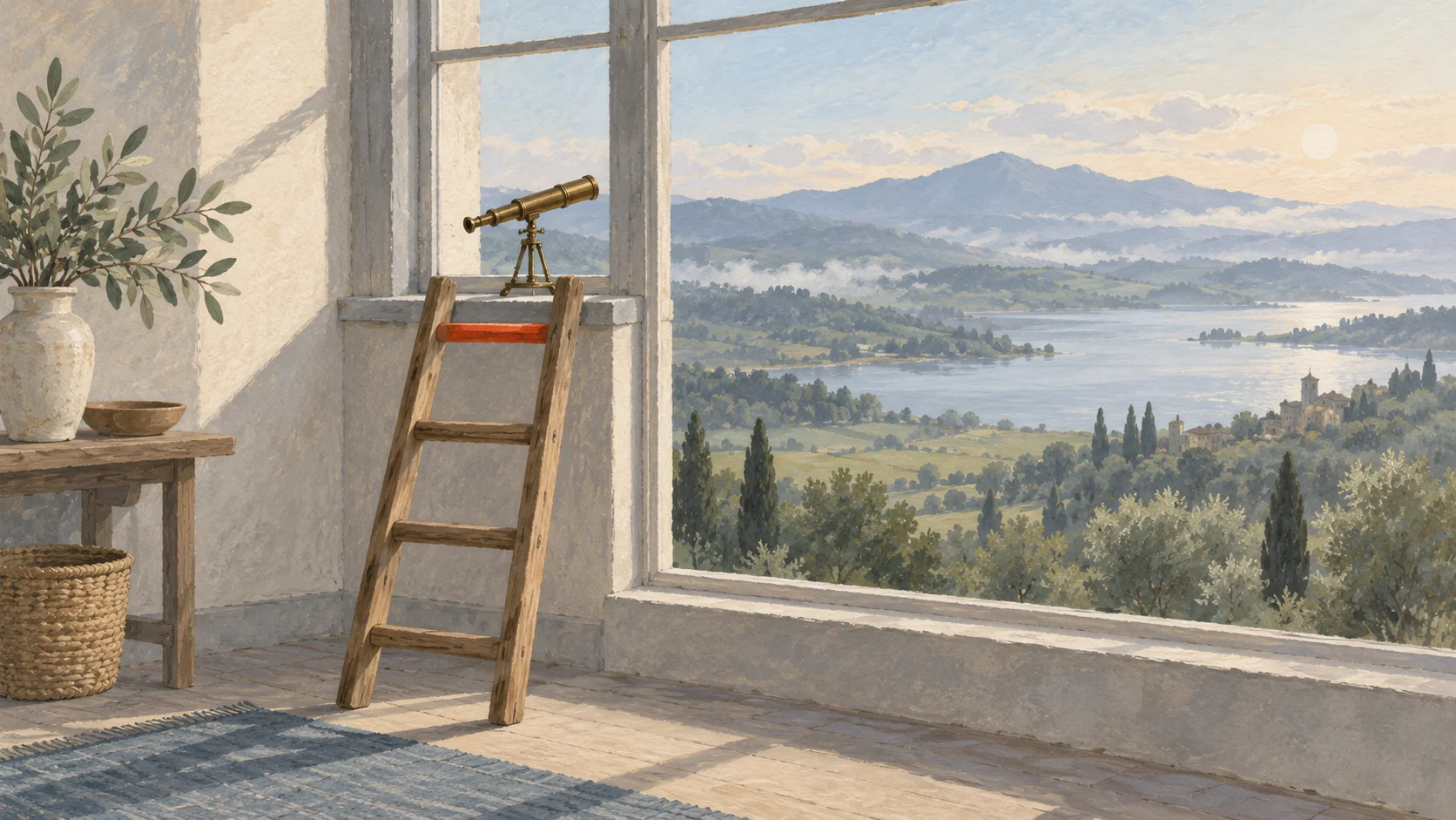 Gouache painting of a wooden ladder with four rungs leaning against a tall window, with a small brass telescope on the sill at the top looking out over a wide landscape, the top rung painted vermilion.