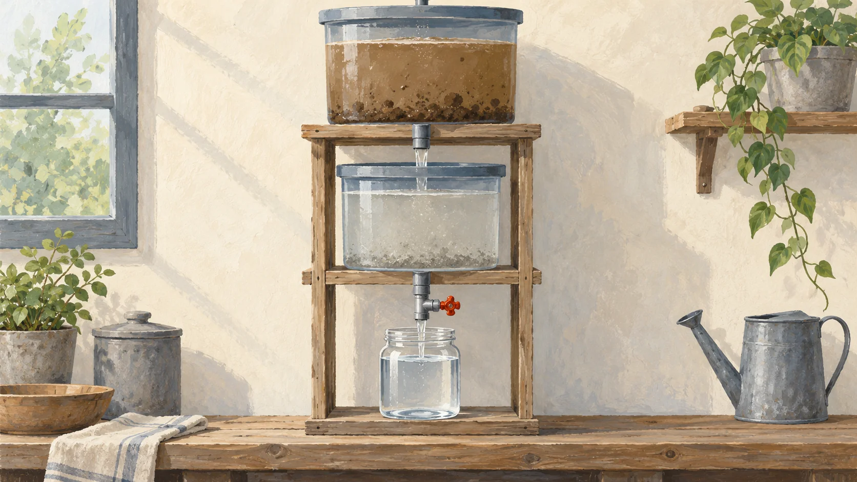 Gouache painting of a three-stage water filtration stand on a workbench, with muddy water in the top tank, cloudier water in the middle tank, and clear water in a glass jar at the bottom, joined by short pipes and a vermilion valve on the last one.