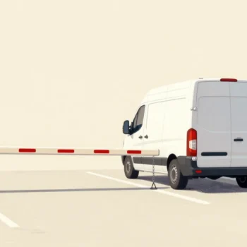 A tall van stopped at a hanging height bar at a car park entrance while small cars pass under