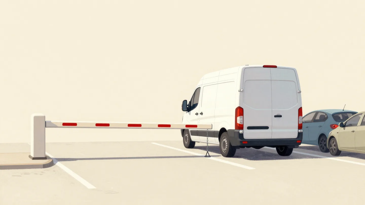 A tall van stopped at a hanging height bar at a car park entrance while small cars pass under