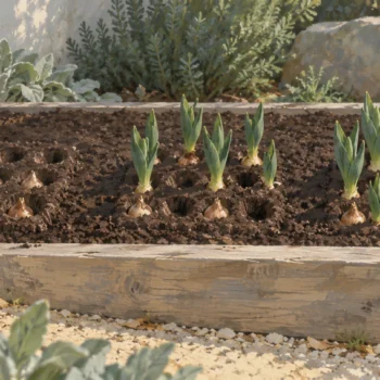 A bulb planter beside separate clusters of shoots and empty planting hollows