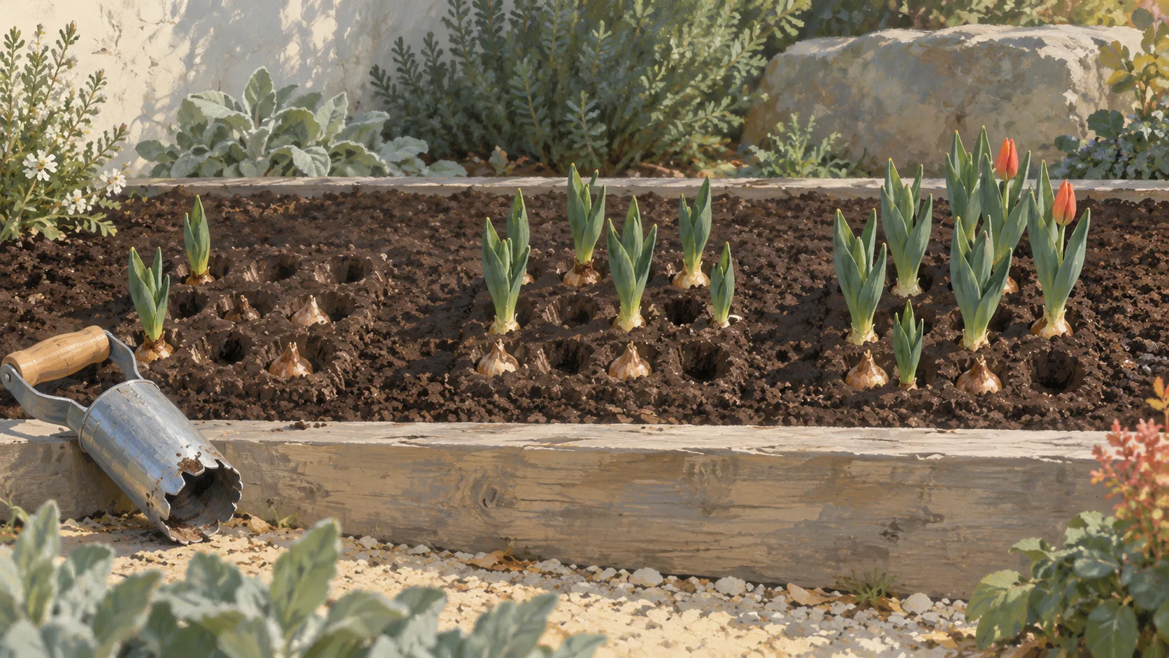 A bulb planter beside separate clusters of shoots and empty planting hollows