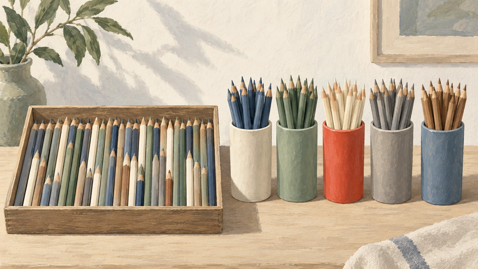 Gouache painting of two boxes of colored pencils side by side, one wide box with all colors mixed together in rows and the other with the same pencils standing in tall separate cups, one color to a cup, with one vermilion cup.