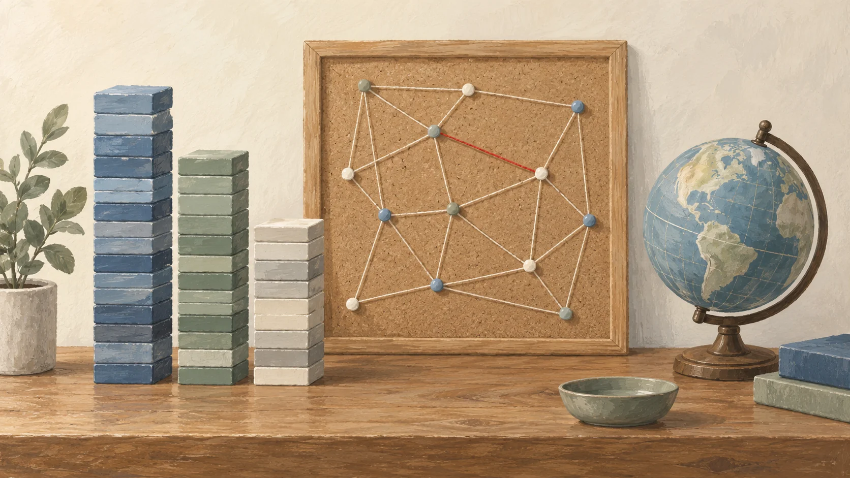Gouache painting of three objects on a table: tall columns of stacked colored tiles, a corkboard with pins joined by threads in a network with one vermilion thread, and a small globe on a stand.