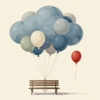 Balloons tied to a garden bench in color groups, with one lone red balloon.