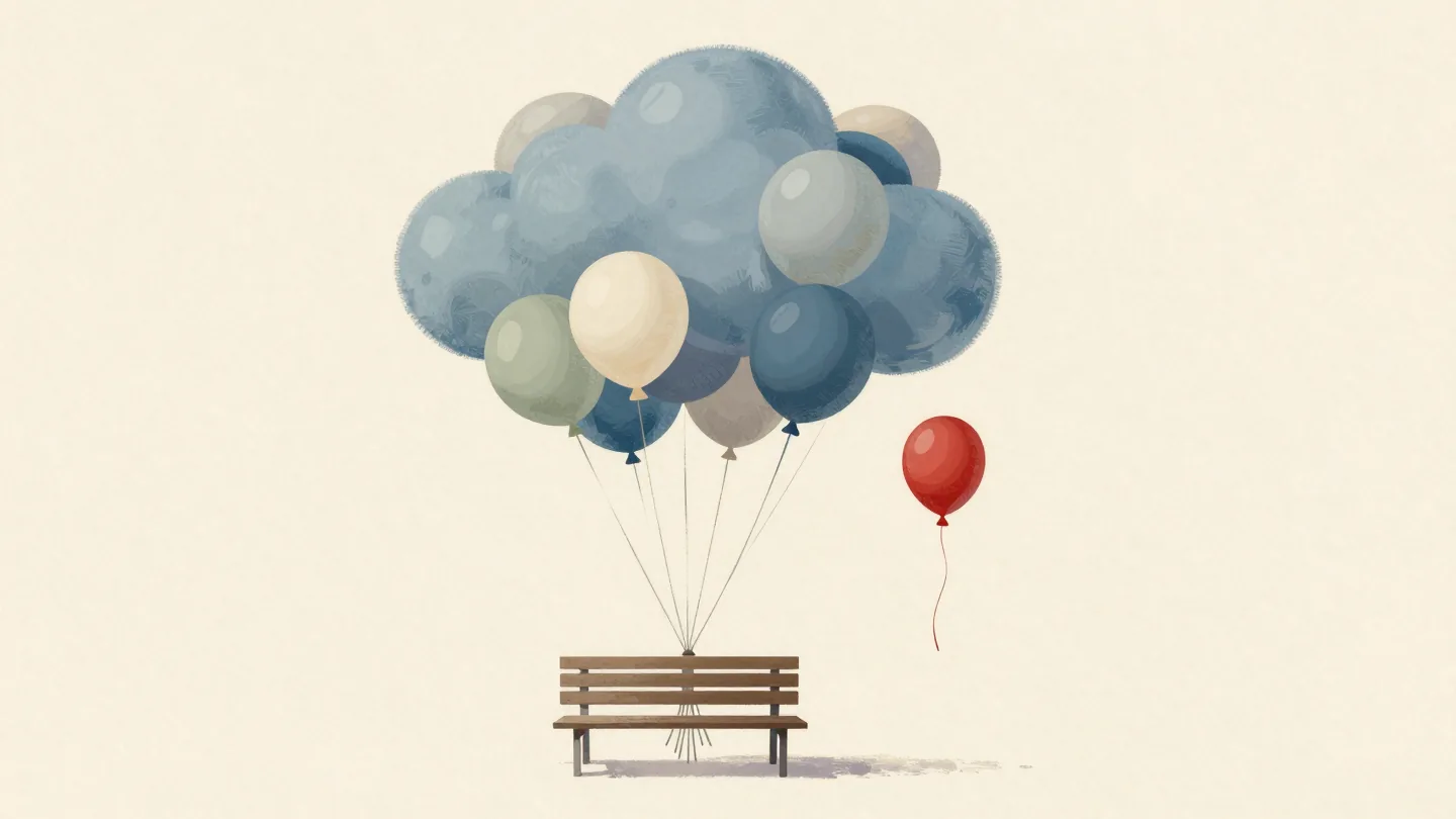 Balloons tied to a garden bench in color groups, with one lone red balloon.