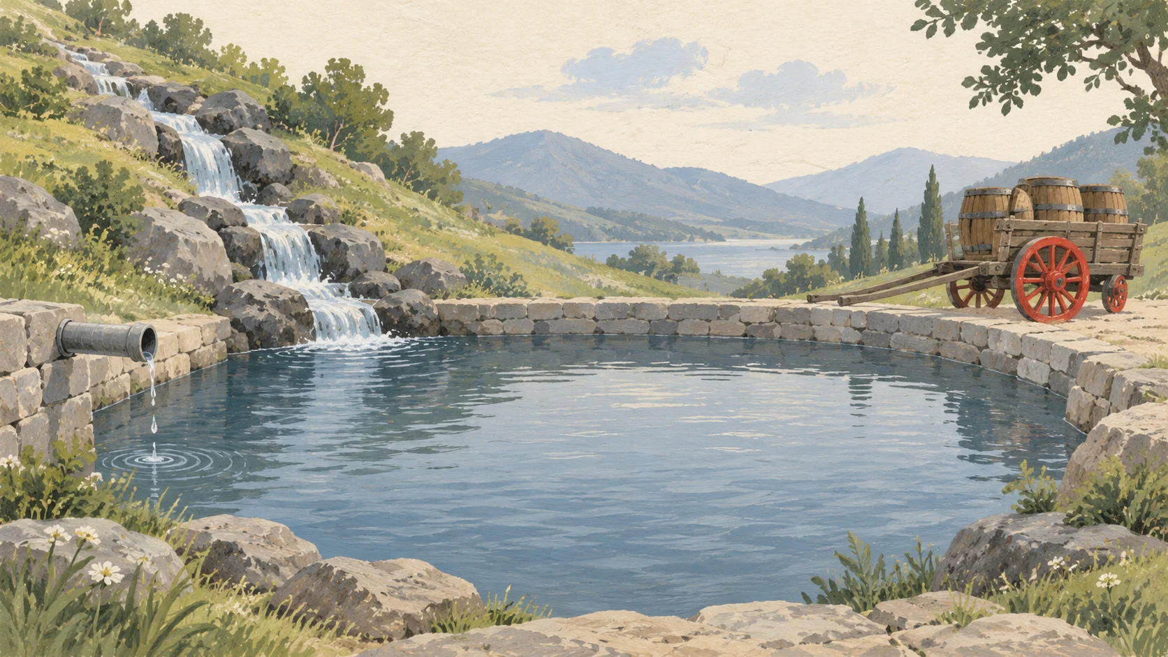Gouache painting of a small reservoir fed three ways: a steady stream from a hillside, a slow pipe on the left, and a wooden cart of barrels with vermilion wheels waiting at the edge.