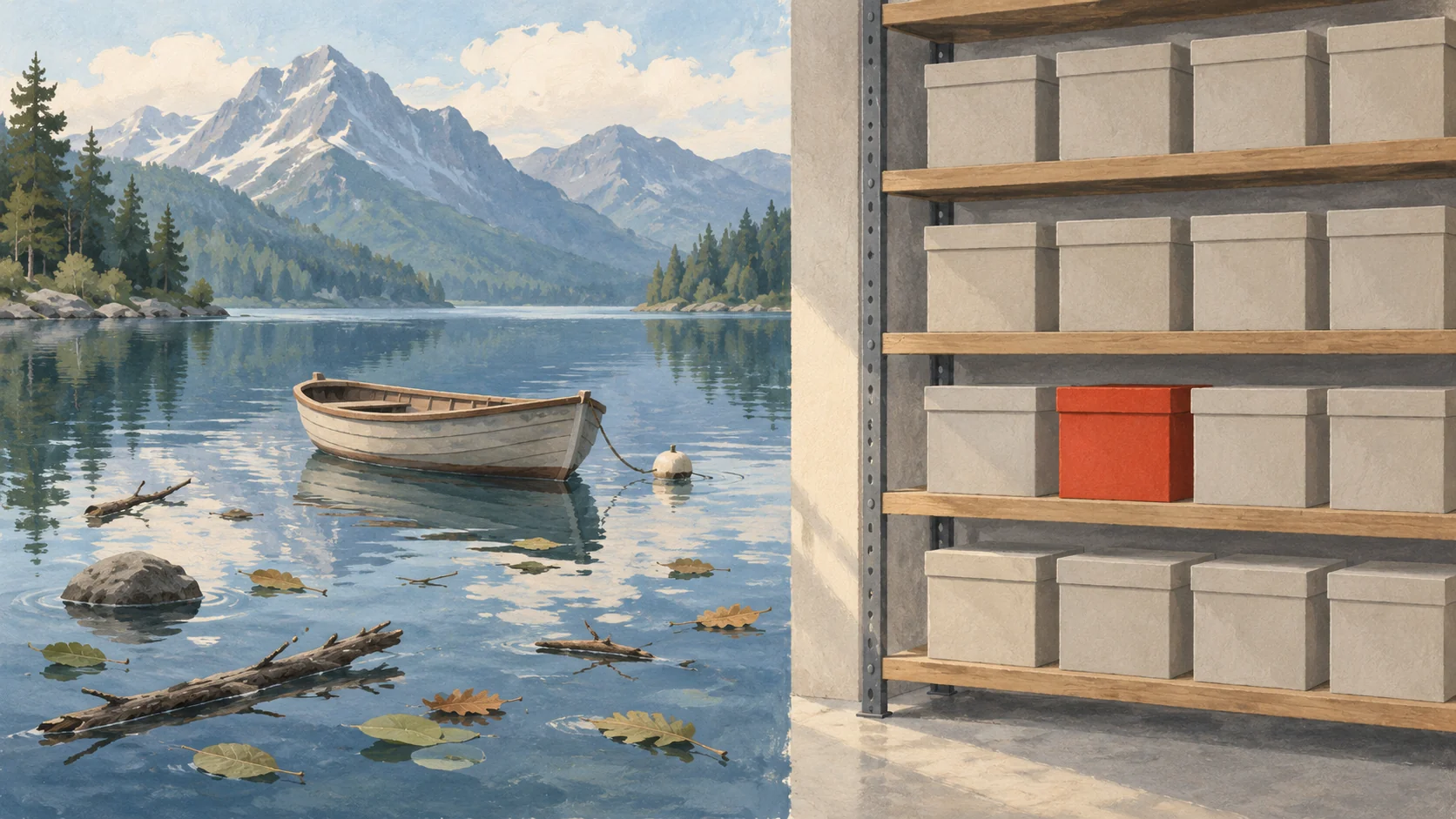 Gouache painting split in two: on the left a calm mountain lake with leaves, branches and a small boat floating on its surface; on the right a tidy warehouse shelf of identical plain boxes in straight rows, one box vermilion.