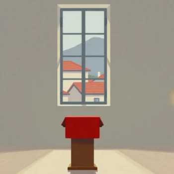 Gouache painting: an empty lectern on a bright stage, a tall window behind it showing red-tiled roofs and a mountain, a vermilion cloth draped on the lectern