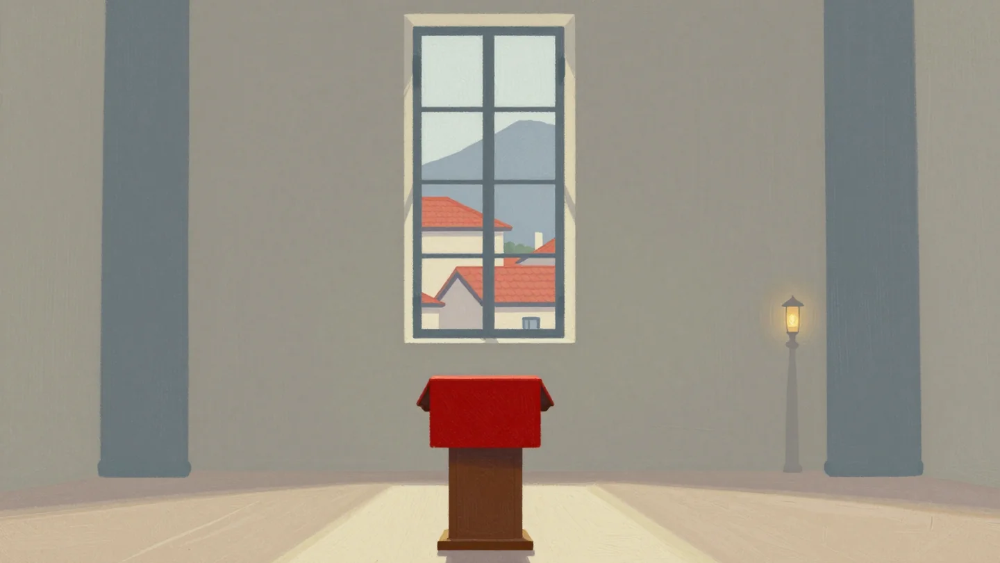 Gouache painting: an empty lectern on a bright stage, a tall window behind it showing red-tiled roofs and a mountain, a vermilion cloth draped on the lectern