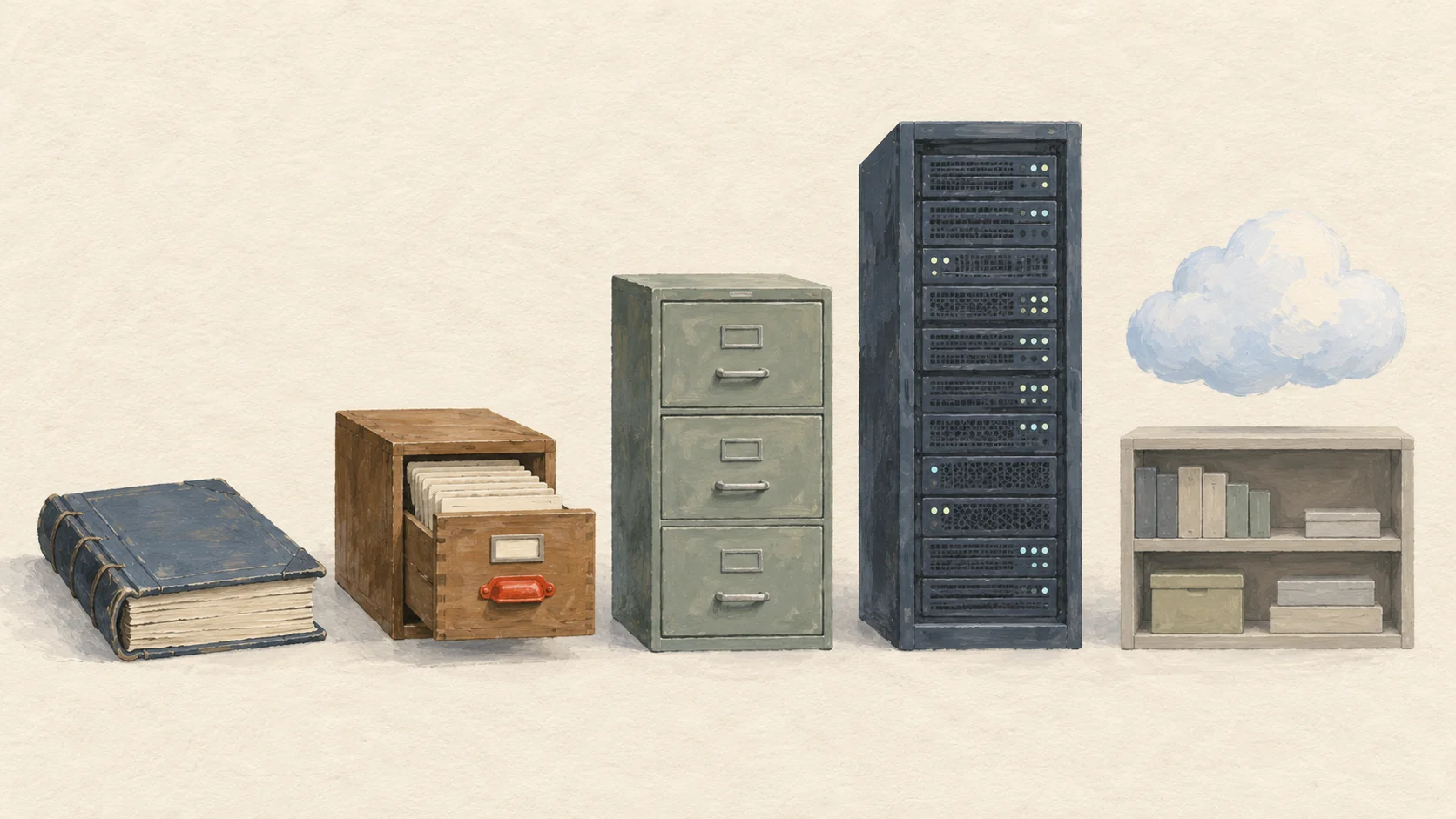 Gouache painting of storage objects in a row showing time passing: a bound paper ledger, a wooden card catalog drawer with a vermilion handle, a metal filing cabinet, a tall server rack with small lights, and a soft cloud floating above an open shelf.