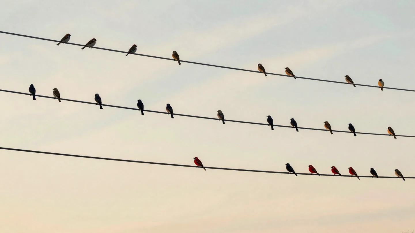 Birds on three telegraph wires at dusk, each wire mostly one kind of bird with a few others mixed in.