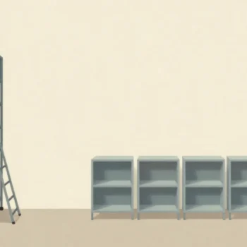 One very tall shelf beside a long row of short shelves in a warehouse