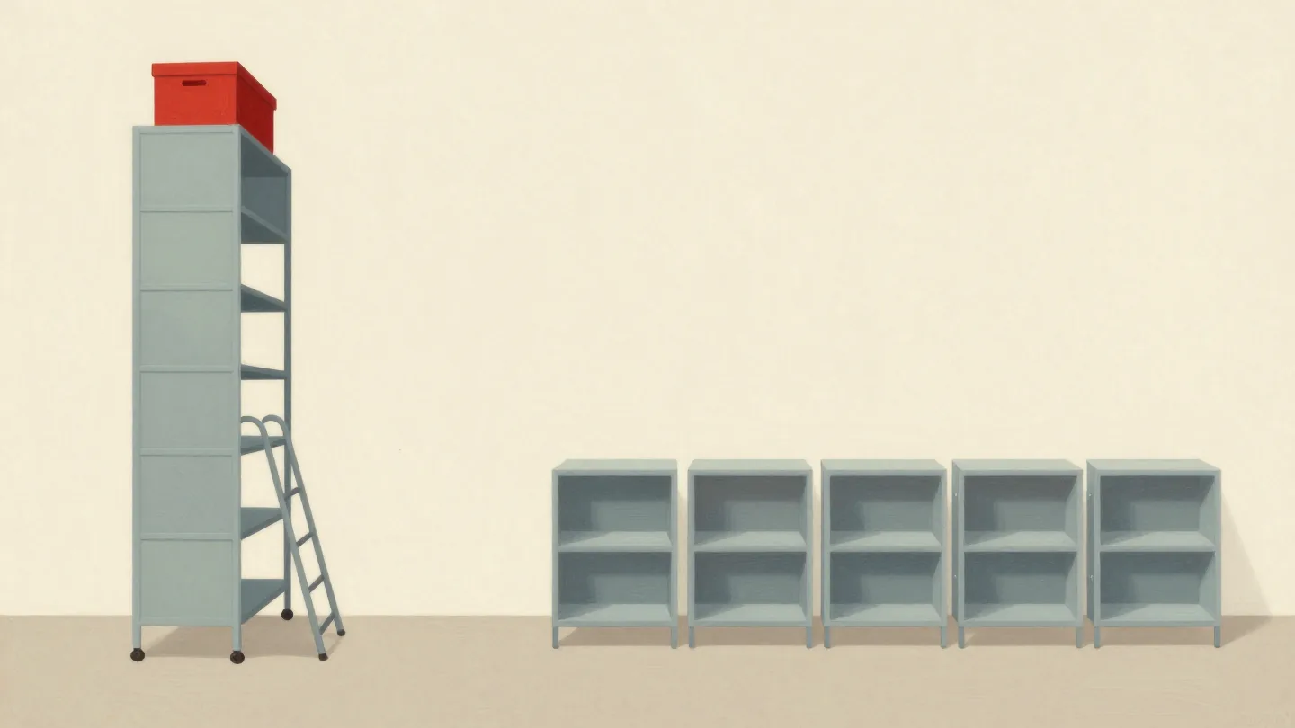 One very tall shelf beside a long row of short shelves in a warehouse