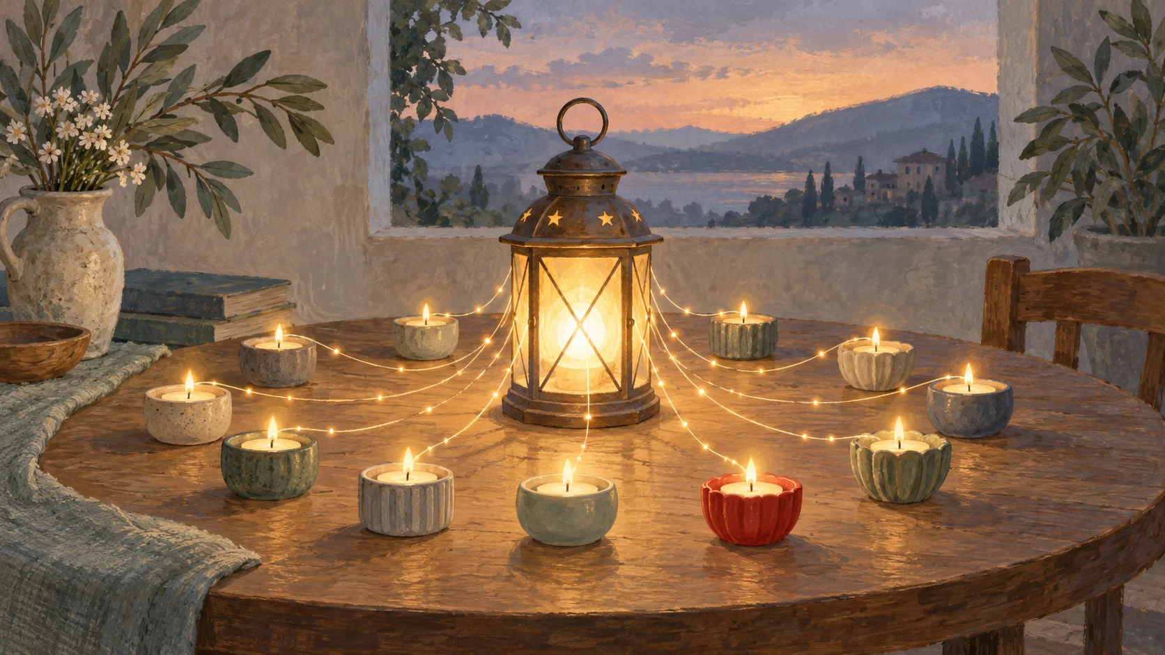 Gouache painting of one lantern on a table sending small sparks of light along thin threads to a ring of candles, each candle lit by its own spark, with one vermilion candle holder, at dusk.
