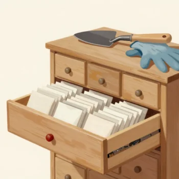 A wooden seed cabinet in a shed with one drawer open, plain seed packets sorted in neat rows inside.