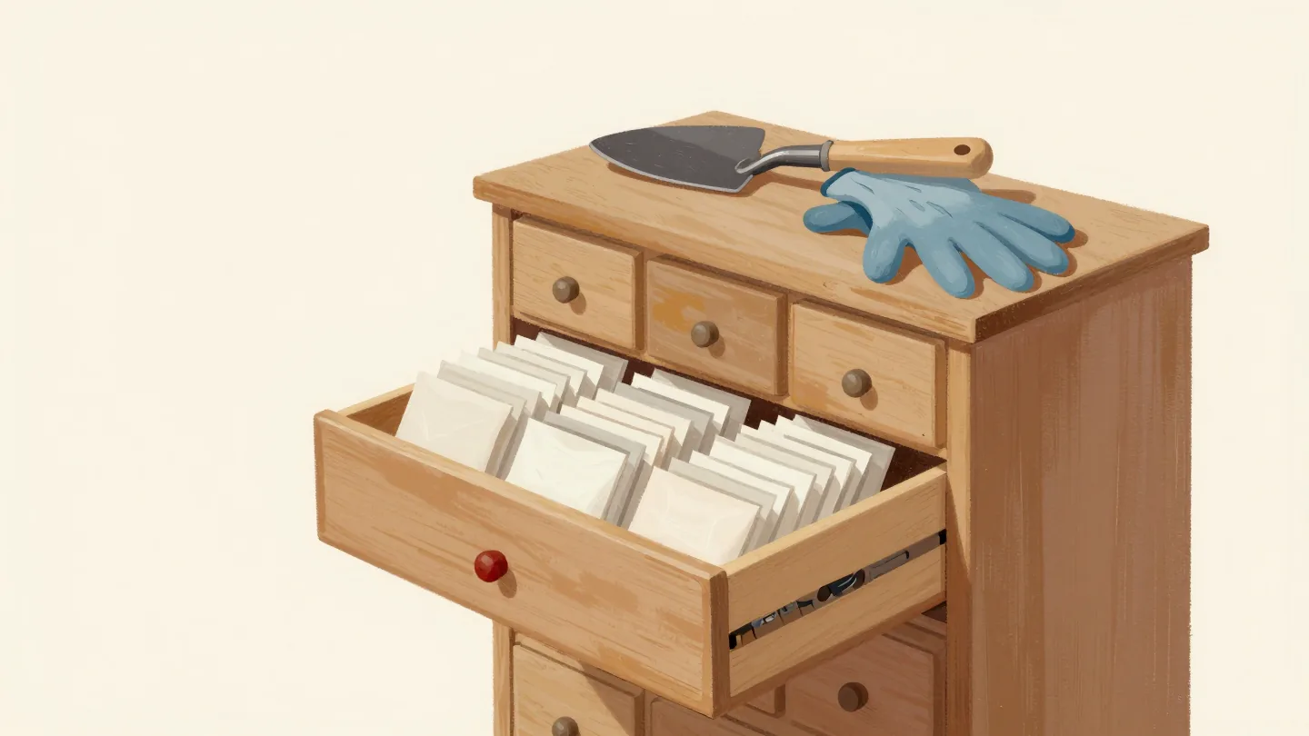 A wooden seed cabinet in a shed with one drawer open, plain seed packets sorted in neat rows inside.