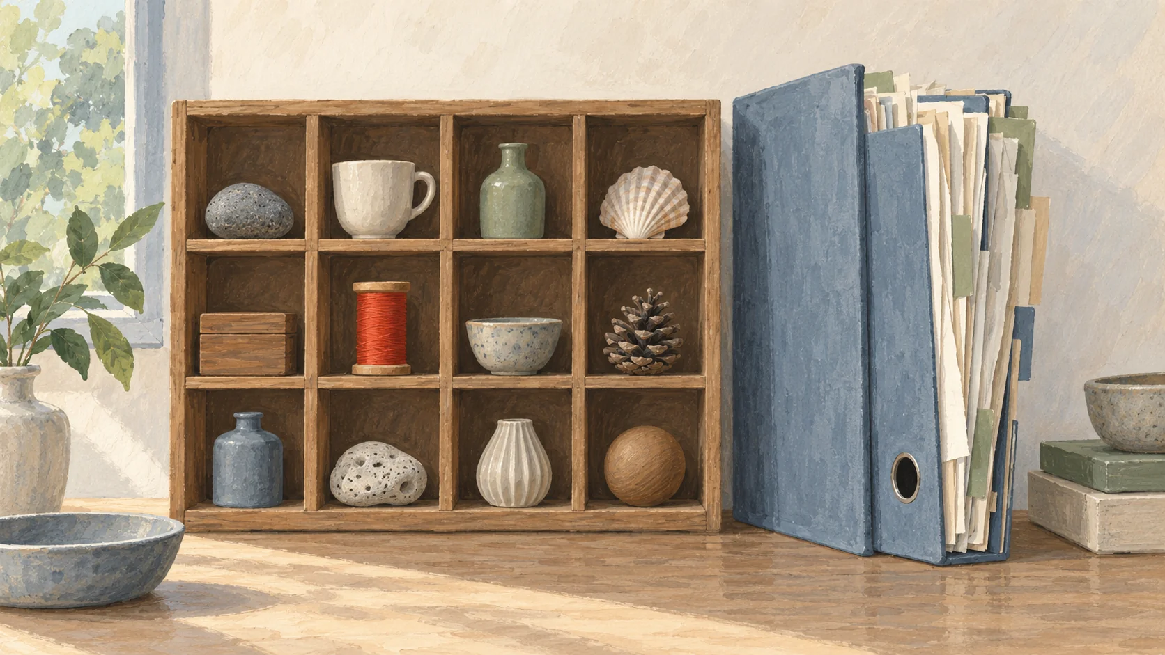 Gouache painting of a wall of small wooden cubbyholes, each holding one object such as a spool, a cup or a stone, beside a thick folder stuffed with loose papers and tabs, with one cubby holding a vermilion spool.