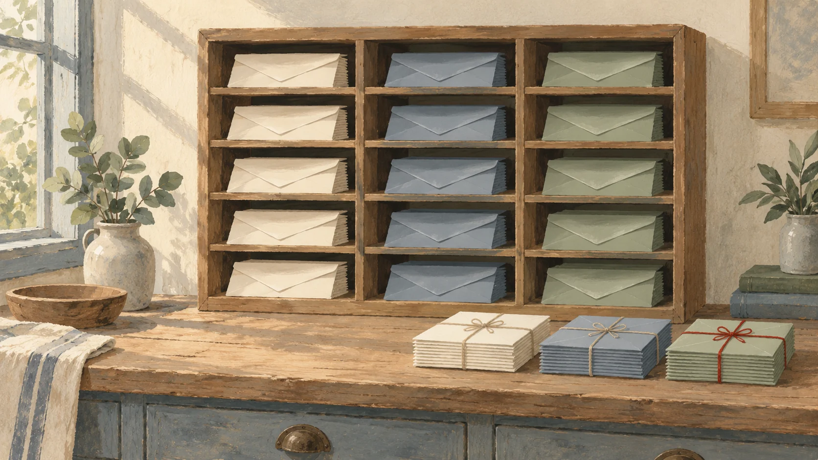 Gouache painting of a wooden mail sorting rack where blank envelopes in three colors are sorted into their own columns, with three bundles tied with string at the end of the counter, one tied in vermilion.