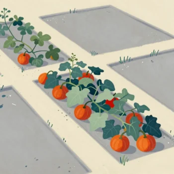 Allotment beds seen from above, one pumpkin vine with red pumpkins spreading across into the next bed