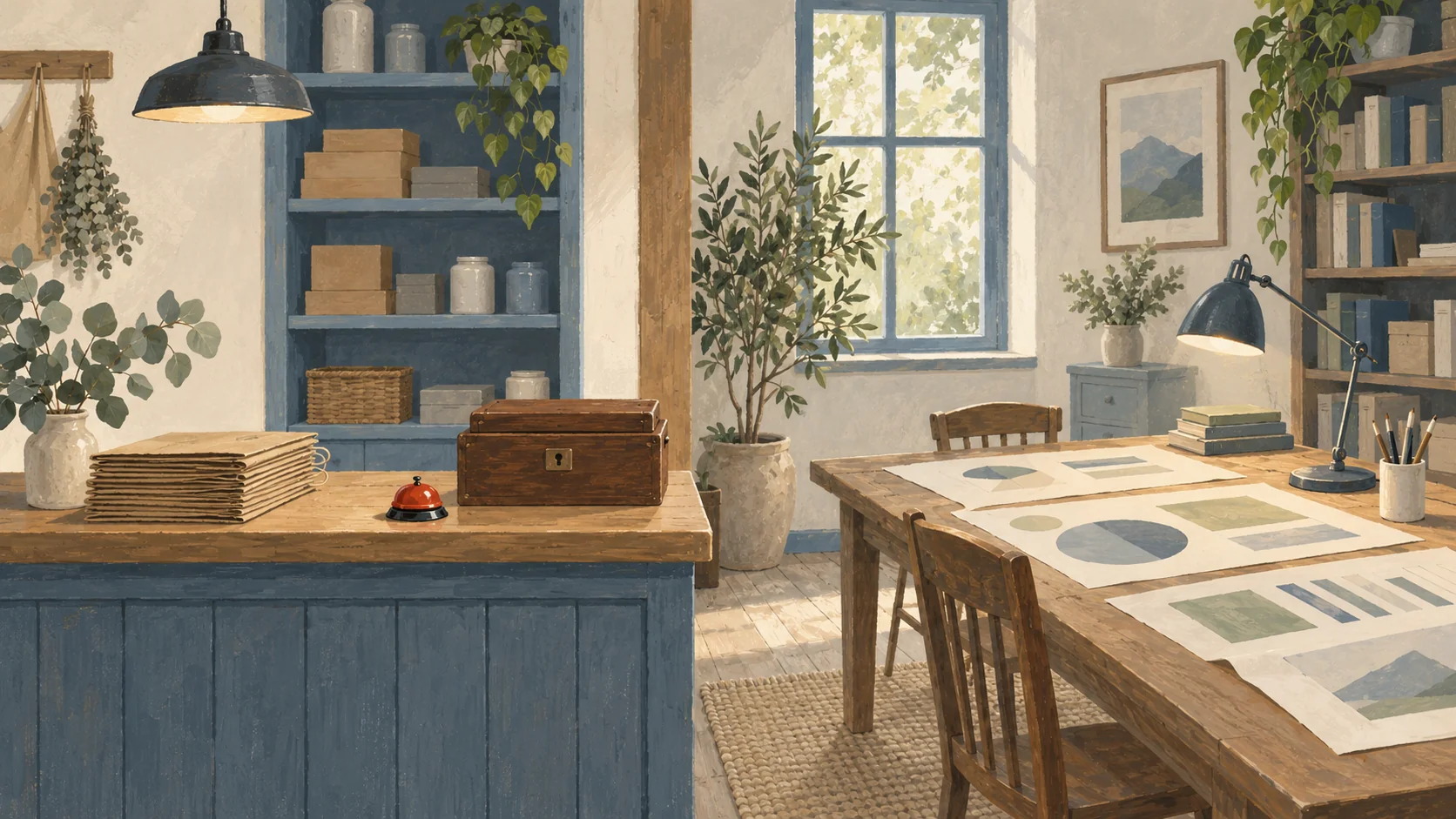 Gouache painting of a room split in two: on the left a busy shop counter with a small wooden cash box, a vermilion bell and a stack of paper bags, on the right a quiet study corner with a large table covered in charts drawn as plain colored shapes under a reading lamp.