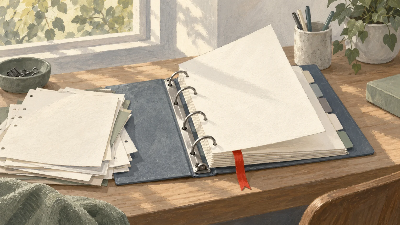 Gouache painting of a stack of loose blank pages being clipped into a sturdy ring binder with colored tabs along the edge and a vermilion ribbon bookmark, with older loose pages lying beside it.