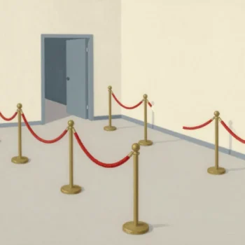 Queue barriers with red ropes zigzagging across an empty hall toward a nearby door.