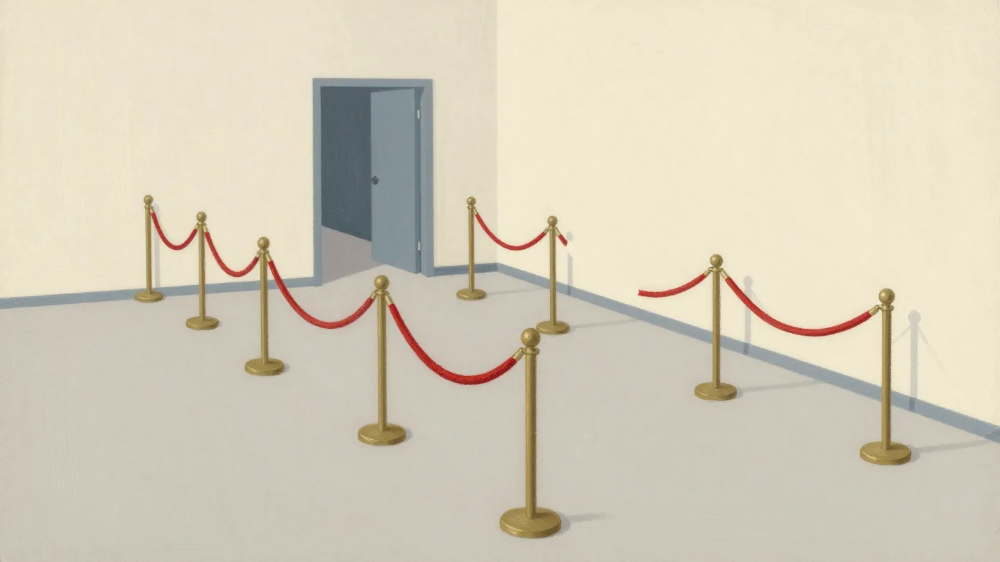 Queue barriers with red ropes zigzagging across an empty hall toward a nearby door.