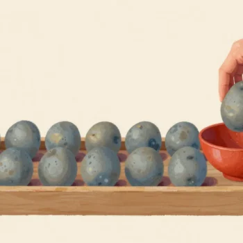 A tray of seed potatoes in neat rows, a hand removing one spoiled potato into a red bowl