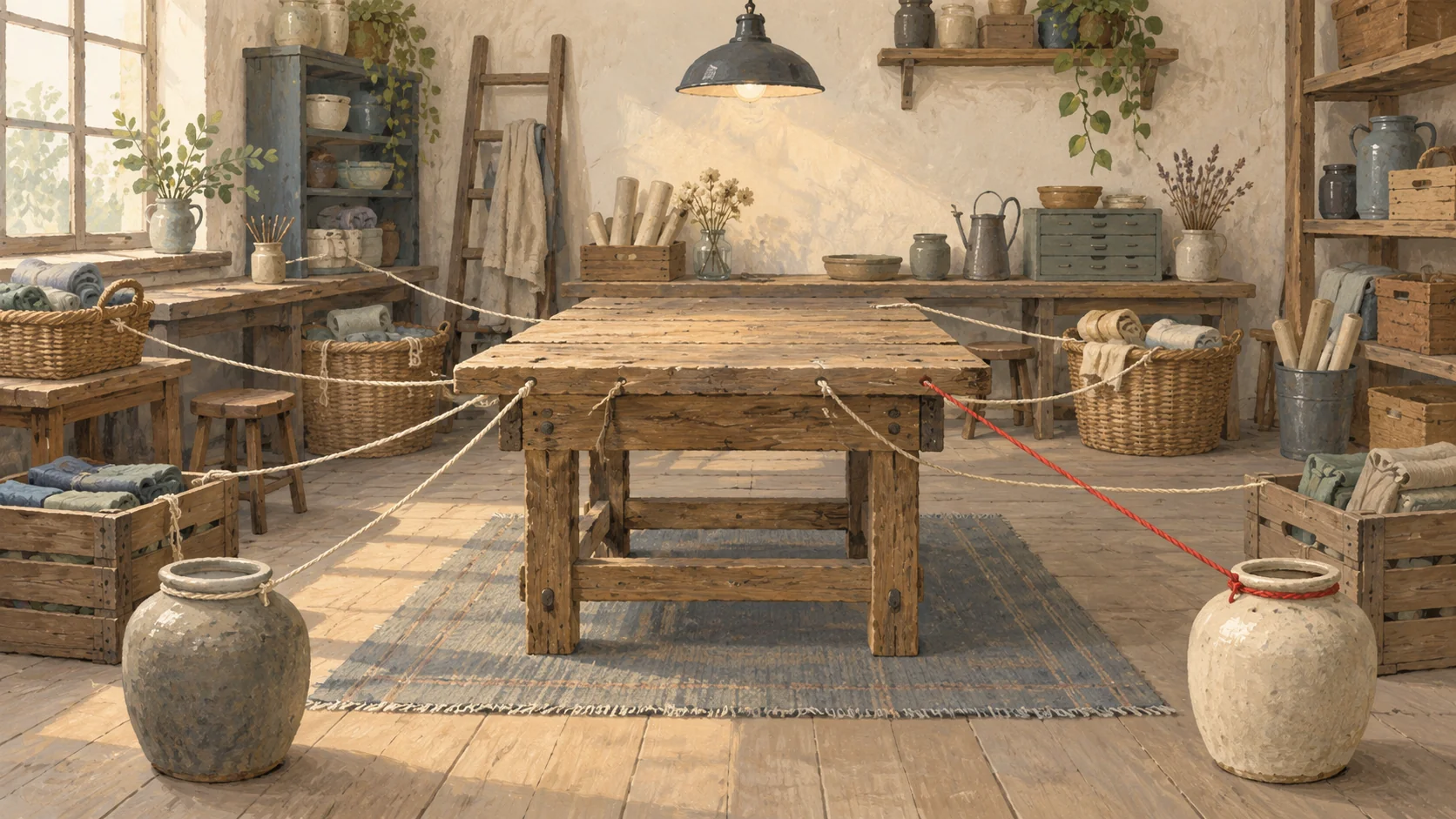Gouache painting of a sturdy old wooden table at the center of a busy workshop, with thin ropes running from the table to baskets, crates and jars around the room, one rope in vermilion, in soft warm light.