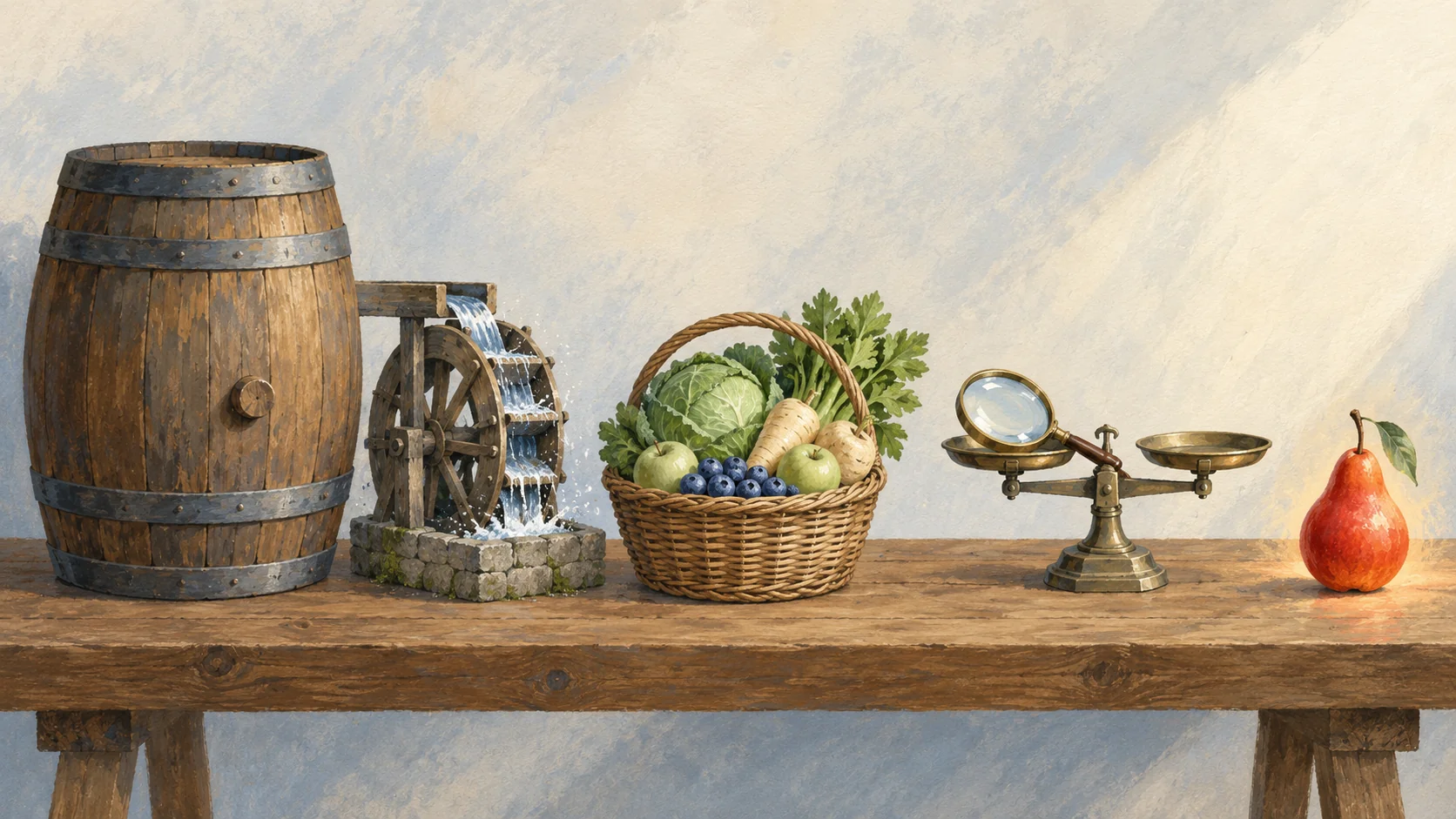 Gouache painting of five objects in a row on a long wooden table: a huge barrel, a small fast water wheel splashing, a basket of mixed fruits and vegetables, a magnifying glass resting on a balance scale, and one ripe pear tinted vermilion glowing in soft light.