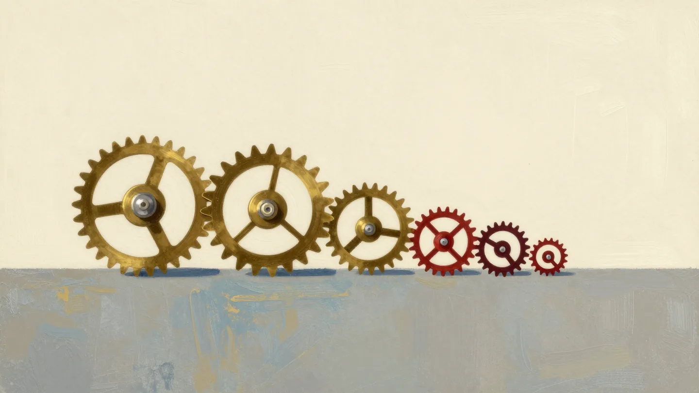 A row of meshed brass gears getting smaller, ending in a tiny red gear, one broken gear set aside