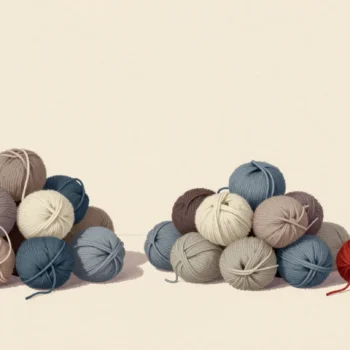 Wool skeins on a table, one heap swept together and another sorted to remove repeats.