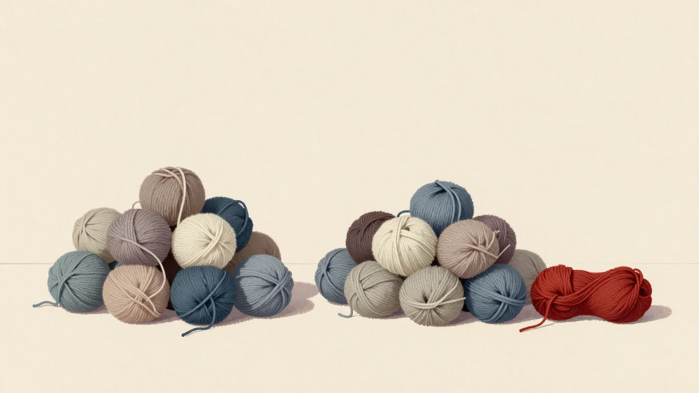 Wool skeins on a table, one heap swept together and another sorted to remove repeats.