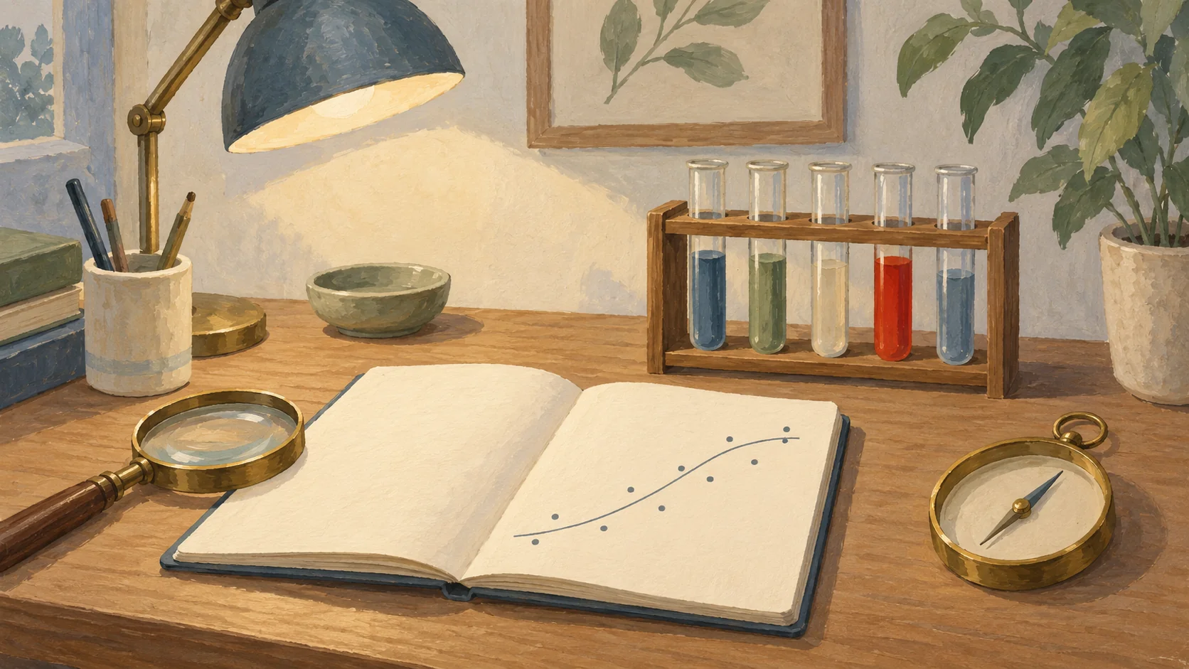 Gouache painting of a tidy desk with no one at it: a magnifying glass, an open notebook showing a hand-drawn curve and plain dots, a rack of test tubes with colored liquids and a brass compass, one test tube painted vermilion.