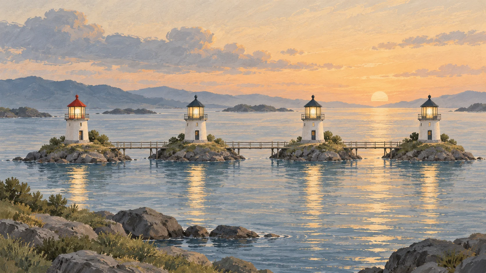 Gouache painting of four identical small lighthouses on four islands along a calm coast, joined by thin wooden footbridges, all four lights glowing the same color, one lighthouse with a vermilion roof, in soft evening light.