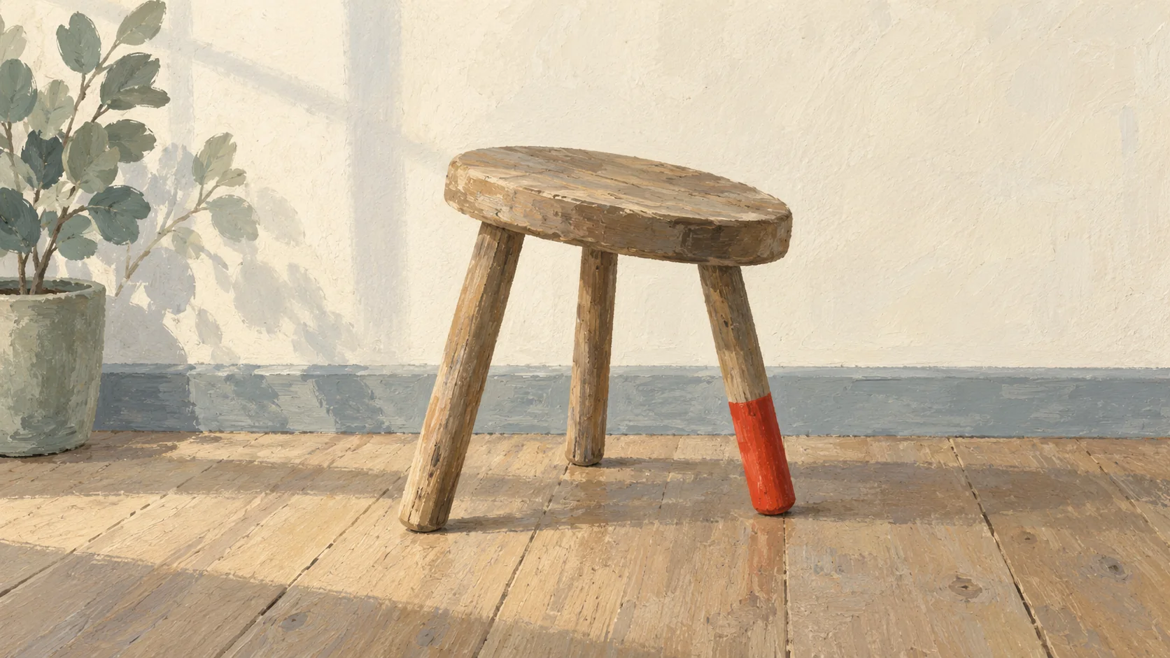 Gouache painting of a simple three-legged wooden stool on a wooden floor, one leg noticeably shorter and painted vermilion, the stool still balanced but tilted slightly against a plain wall in soft daylight.