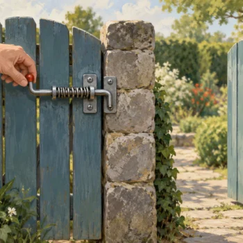 A spring catch holds one gate closed while a neighboring gate stays open
