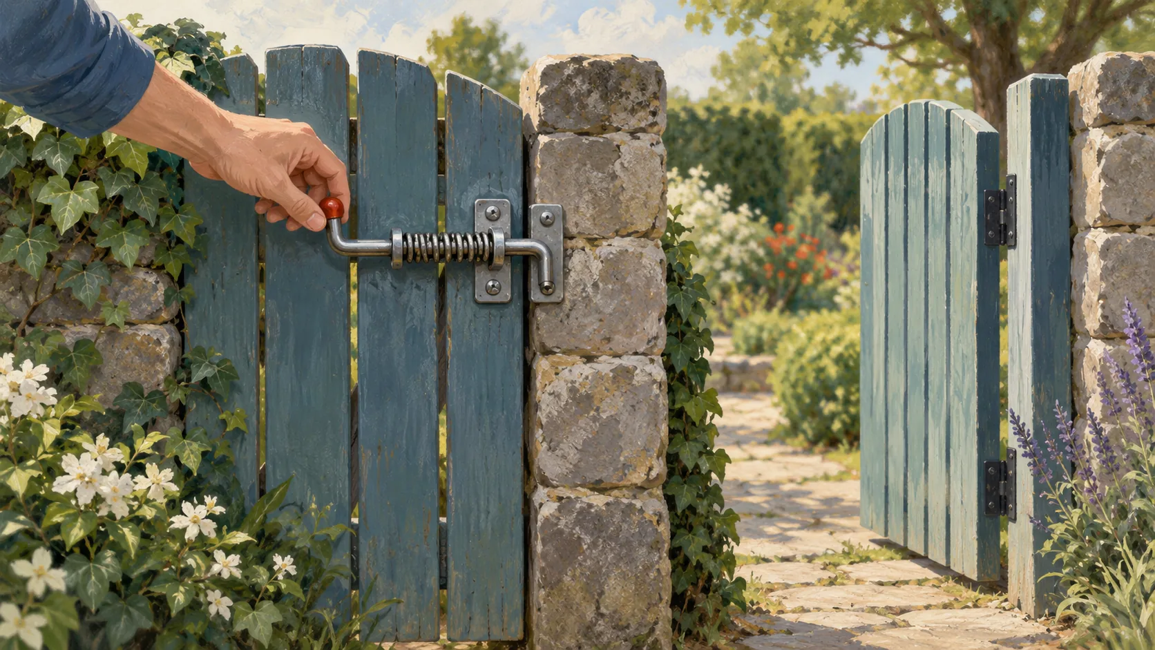 A spring catch holds one gate closed while a neighboring gate stays open
