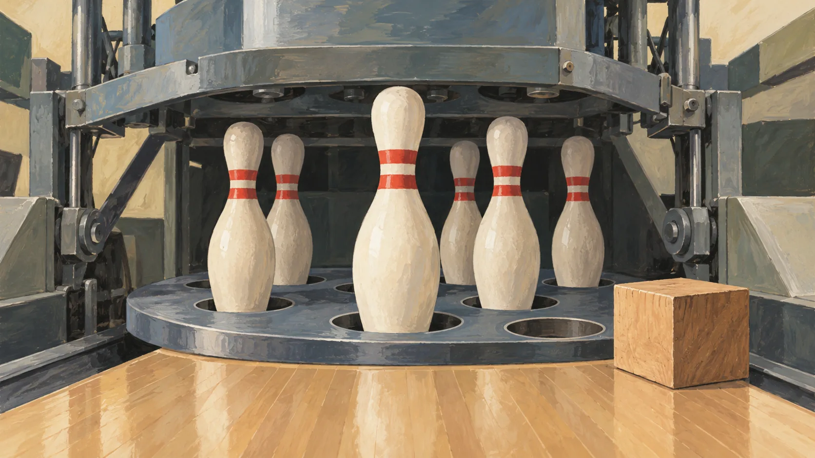 A pinsetter deck holds round bowling pins while a square block cannot fit its opening