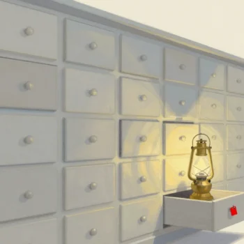 Gouache painting: a long archive wall of identical wooden drawers, one pulled open with a brass lamp beside it and a small vermilion tag on its handle
