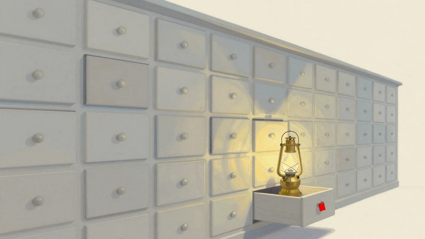 Gouache painting: a long archive wall of identical wooden drawers, one pulled open with a brass lamp beside it and a small vermilion tag on its handle