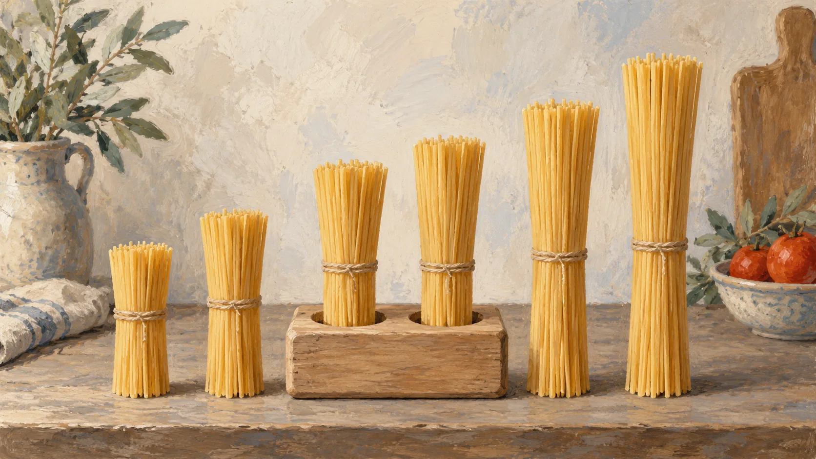 Two middle pasta bundles stand in a wooden measure between shorter and longer bundles