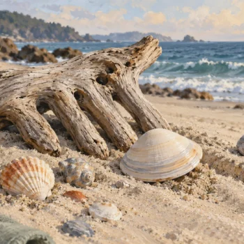 A driftwood beach comb beside an intact shell and a cracked shell of similar shape