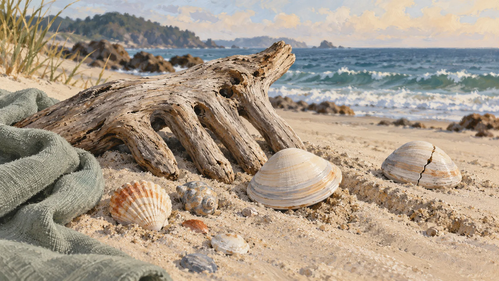 A driftwood beach comb beside an intact shell and a cracked shell of similar shape