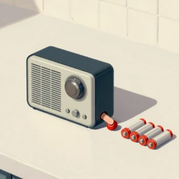 A radio lying face down with its batteries out in a row, a thumb holding its red power button