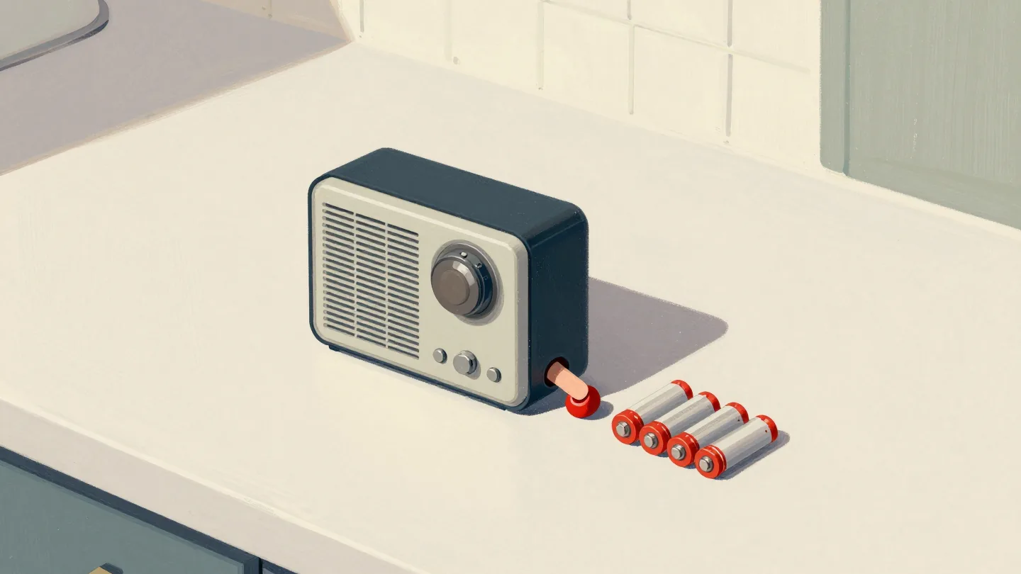 A radio lying face down with its batteries out in a row, a thumb holding its red power button