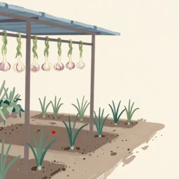 Braided garlic hanging under a shed roof beside garden rows that are still growing