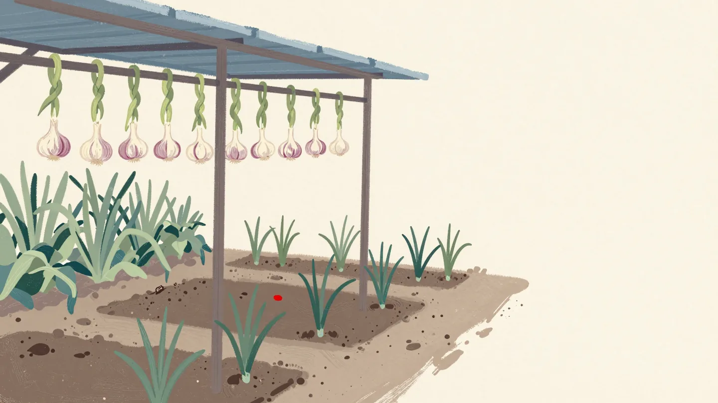 Braided garlic hanging under a shed roof beside garden rows that are still growing