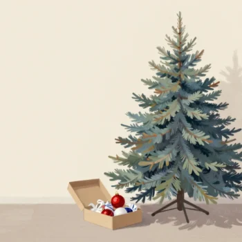 A bare evergreen tree beside an open box of saved ornaments, a red bauble on top.